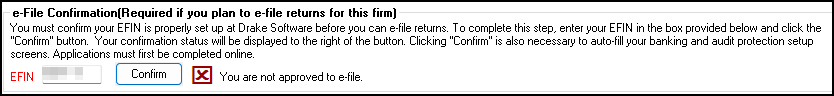 Image of EFIN not approved for e-file on Setup > Firms